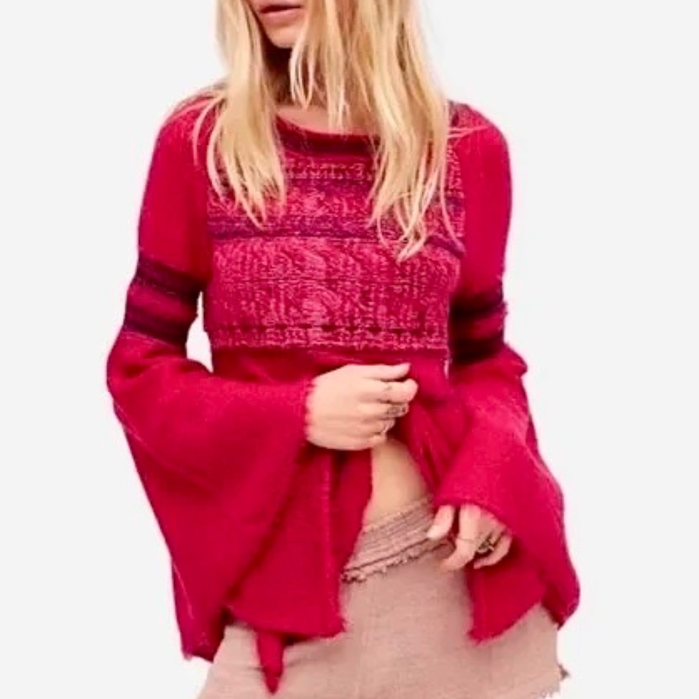 Free People Craft Time Boho Bell Sleeve Pink Sweater Alpaca Wool Mohair - Picture 3 of 9